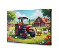 CBRT Easter Wall Decor A Farmer Drives A Red Tractor On A Sunny Day, Surrounded By Sheep, Chickens Canvas Decorative Picture Easter Decorations Rustic Home Decor(30x40cm)