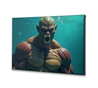 CBRT Easter Wall Decor A Muscular Green-Skinned Creature With Sharp Teeth Is Emerging From The Water Canvas Decorative Picture Easter Decorations Rustic Home Decor(30x40cm)