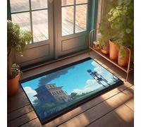 CBRT Fall Outdoor Doormat A Skeleton Stands In Front Of An Old Building With Smoke Billowing From Its Chimney Doormat Absorbent Door Mat Indoor Holiday Rug(65X90CM)