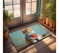 CBRT Funny Bathroom Mat A Fluffy Orange Cat Wearing A Blue Dress With A Red Polka Dot Apron Doormat Tiki Bar Decorations Bedroom Door Decor(40X60CM)