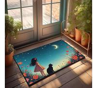 CBRT Funny Bathroom Mat Girl In Floral Dress With Cat Under Crescent Moon Doormat Tiki Bar Decorations Bedroom Door Decor(40X60CM)