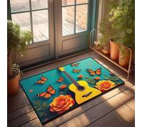 CBRT Home Decor Men Yellow Guitar Surrounded By Orange Butterflies And Flowers Doormat Summer Front Door Mat Farmhouse Bath Mat(40X60CM)