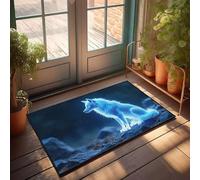 CBRT Plain Welcome Mat Glowing Blue Wolf Sitting On Rocks Doormat Fall Rugs Outdoor Fall Mats For Front Door(65X90CM)