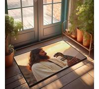 CBRT Porch Rugs Outdoor A Person Holds A Small Dinosaur Toy Against A Sunset Backdrop Doormat Bathroom Rug Sets Funny Outdoor Decor(40X60CM)