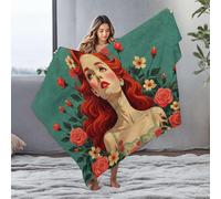 CBRT Puppy Blanket A Woman With Vibrant Red Hair Surrounded By Blooming Roses Flannel Blanket Cute Throw Blanket White Blanket(125x150cm)
