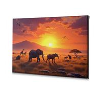 CBRT Wall Decorations African Savanna At Sunset With Elephants, Giraffes, And Hippos Canvas Decorative Picture Easter Wall Decor Living Room Decor(30x40cm)
