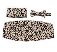 CBUND-ADF-301 - Mens Formal Woven Leopard Print Cummerbund Pre-Tied Bowtie Hanky set, Tan Brown Black, One size