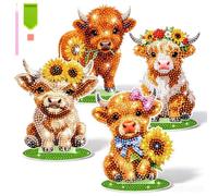 CBWERBB 4Pcs Highland Cow Diamonds Painting Art Kit,Acrylic DIY Double Sided Stand Up Cow Diamond Art Ornament with Display Bases for DIY Lover Desktop Decor Beginner