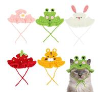 CBWERBB 5Pcs Handmade Knitted Cat Hats,Soft Cute Knitted Hats,Frog/Strawberry/Pink Flower/Tiger/Rabbit Funny Cap with Adjustable Cord for Puppy Cats Dogs Small Pets Birthday Costume Accessories