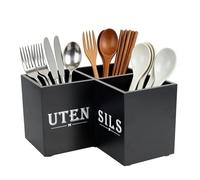 CBWERBB Corner Kitchen Utensil Holder Organiser,Wooden Countertop Caddy with 3 Compartments & Drainage Holes,Rustic Cutlery Storage Rack for Spoons Forks Knives,Space Saving Worktop Stand for Kitchen