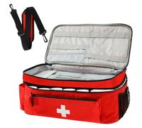 CBWERBB Double Layer Travel Medicine Bag Organizer with Detachable Dividers Zippered Iatrical Bag Empty with Top Handle and Removable Shoulder Strap for Emergency Red