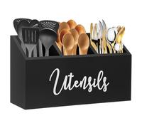 CBWERBB Kitchen Utensils Holder, Black Wooden Cooking Utensil Organizer with 3 Compartment,Farmhouse Cutlery Caddy Cooking Tools Storage Fork Spoon Container for Countertop
