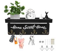 CBWERBB Wall Mounted Key Holder with Wood Shelf and 4 Hooks,Wooden Mail Rack Organizer Drilling Installation Wall Decorative,Rustic Home Decor for Entryway Hallway Living Room Kitchen Office(Black)