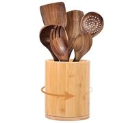 CBWERBB Wood Utensil Holder,7.3" Extra Large Utensil Crock,360° Rotating Waterproof Cooking Tool Organizer for Kitchen Counter Farmhouse Decor(Log color)