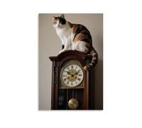 CBWVUWHJW A Calico Cat Squats on Top of An Old Grandfather Clock, Tail Draped over The Pendulum, Hands Pointing to Midnight Fashionable Wall Decor - Hanging Art Poster And Mural12x18inch(30x45cm)