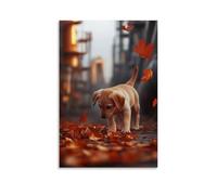 CBWVUWHJW A Curious Puppy Pawing at Fallen Autumn Leaves, Scattered Warmly over A Dusty Orange Oil Field. Fashionable Wall Decor - Hanging Art Poster And Mural24x36inch(60x90cm)
