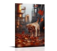 CBWVUWHJW A Curious Puppy Pawing at Fallen Autumn Leaves, Scattered Warmly over A Dusty Orange Oil Field. Fashionable Wall Decor - Hanging Art Poster And Mural20x30inch(50x75cm)