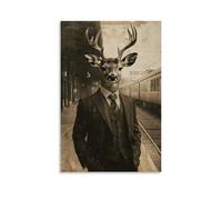 CBWVUWHJW A Deer in Suit And Tie Waiting at An Old Train Station, Postcard-toned Background Fashionable Wall Decor - Hanging Art Poster And Mural24x36inch(60x90cm)