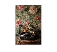 CBWVUWHJW A Frog Sipping Tea Beside An Old Record Player, Surrounded by Flowered Wallpaper Fashionable Wall Decor - Hanging Art Poster And Mural08x12inch(20x30cm)