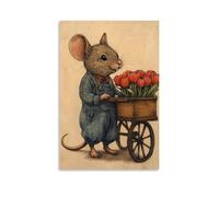 CBWVUWHJW A Mouse in Overalls Selling Tulips from A Wooden Cart, Drawn in Warm Antique Ink Tones Fashionable Wall Decor - Hanging Art Poster And Mural12x18inch(30x45cm)