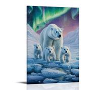 CBWVUWHJW Animal Oil Painting - Arctic Majesty- A Polar Bear Mother And Cubs Walking Across Ice Floes Under The Northern Lights Fashionable Wall Decor - Hanging Art Poster And Mural16x24inch(40x60cm)
