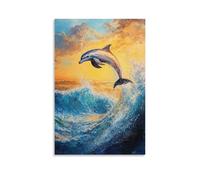 CBWVUWHJW Animal Oil Painting - Graceful Dolphin Leaping Through Turquoise Waves at Sunset Fashionable Wall Decor - Hanging Art Poster And Mural08x12inch(20x30cm)