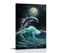CBWVUWHJW Animal Oil Painting - Graceful Dolphin Leaping Through Turquoise Waves in Moonlight Seascape Fashionable Wall Decor - Hanging Art Poster And Mural12x18inch(30x45cm)