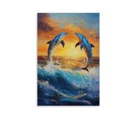 CBWVUWHJW Animal Oil Painting - Graceful Dolphins at Sunset- Playful Marine Creatures Leaping Through Waves in Warm Ocean Hues Fashionable Wall Decor - Hanging Art Poster And Mural20x30inch(50x75cm)