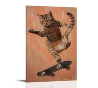 CBWVUWHJW Animal Oil Painting of A Cat Mid-kickflip on A Skateboard, Tail Trailing Motion over A Faded Apricot Backdrop. Fashionable Wall Decor - Hanging Art Poster And Mural16x24inch(40x60cm)