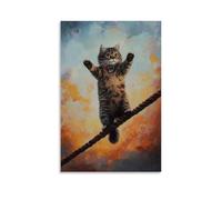 CBWVUWHJW Animal Oil Painting of A Cat Riding Rooftop Rails Like A Balance Artist, Set Against A Faded Dawn Sky. Fashionable Wall Decor - Hanging Art Poster And Mural12x18inch(30x45cm)