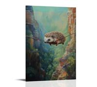 CBWVUWHJW Animal Oil Painting of A Hedgehog Zip-lining Across A Vibrant Canyon, Captured Mid-flight on A Soft Green Backdrop. Fashionable Wall Decor - Hanging Art Poster And Mural24x36inch(60x90cm)