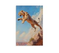CBWVUWHJW Animal Oil Painting of A Lioness Leaping Across Deep Ravines Like A Freerunner, Framed Against A Dusty Coral Sky. Fashionable Wall Decor - Hanging Art Poster And Mural12x18inch(30x45cm)