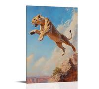 CBWVUWHJW Animal Oil Painting of A Lioness Leaping Across Deep Ravines Like A Freerunner, Framed Against A Dusty Coral Sky. Fashionable Wall Decor - Hanging Art Poster And Mural20x30inch(50x75cm)