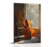 CBWVUWHJW Musical Instruments Oil Painting- Cello Leaning Against A Chair in A Sunlit Studio, Bow Resting Nearby Fashionable Wall Decor - Hanging Art Poster And Mural16x24inch(40x60cm)