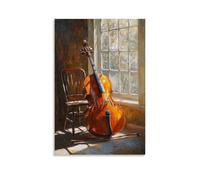 CBWVUWHJW Musical Instruments Oil Painting- Cello Leaning Against A Chair in A Sunlit Studio, Bow Resting Nearby Fashionable Wall Decor - Hanging Art Poster And Mural24x36inch(60x90cm)