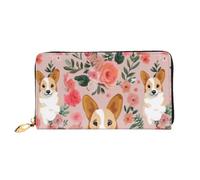 CBXYFCBC Corgi Floral Flowers Long Leather Wallet,Large Capacity Soft Pu Leather Purse for Women with Multiple Card Slots Phone Pocket and Zipper Coin Purse Stylish Phone Card Holder Clutch