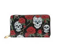 CBXYFCBC Skull and Red Rose Long Leather Wallet,Large Capacity Soft Pu Leather Purse for Women with Multiple Card Slots Phone Pocket and Zipper Coin Purse Stylish Phone Card Holder Clutch