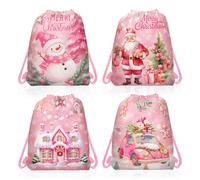 CC HOME 12Pcs Pink Santa Snowman Drawstring Bags, Xmas Tree Gift Candy Treat Bags, Christmas Theme Party Favor Bags for Baby Shower Kids Girls Boys Birthday Party Decorations 10.6 x 13.4 inch