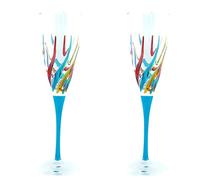 CC Zecchin Pair of Murano Champagne Wine Glass Hand Painted Multi Light Blue Stem