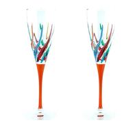 CC Zecchin Pair of Murano Champagne Wine Glass Hand Painted Multi Orange Stem