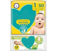 Cc1st Customers Come 1st Disposable Nappies Bundle Consists of Pampers New Baby Size 1 Essential Pack - 50 Nappies (2kg-5kg) with Pampers Sensitive Baby Wipes (52 Wipes), White