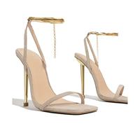 CcacHe Women’s High Pointy Open toe Stilettos Sandals Comfort Slingback Chain Ankle Strap Heeled Shoes 3.14Inches Pump Dress Party Prom Wedding Shoes (Color : Beige, Size : 6.5 UK)