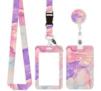 CCAIPU Badge Holder with Lanyard, Multicolor Badge Holder with Retractable Clip and Retachable Neck Lanyard Card Protector for Student Teachers Nurses Doctors (D-Pink Purple Marble)
