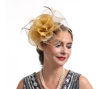 CCAIPU Women's Fascinators Hat, Flower Mesh Ribbons Feathers Headband Elegant Hair Clip Tea Party Headwear for Girls and Women Gold