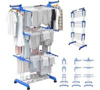 Ccarzzi Clothes Drying Rack 4-Tier Folding Clothes Airer, Adjustable Clothes Horse with Two Side Wings, Movable Wheels, for Indoor and Outdoor (Blue)