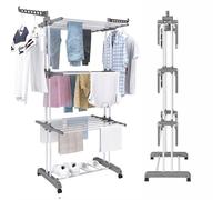 Ccarzzi Clothes Drying Rack 4-Tier Folding Clothes Airer, Adjustable Clothes Horse with Two Side Wings, Movable Wheels, for Indoor and Outdoor (Grey)