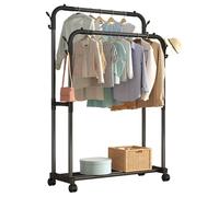Ccarzzi Clothes Rail, Double-Rod Heavy Duty Clothing Rail with Shoes Shelf and Hooks, Multifunctional Metal Clothes Rack with Wheels for Bedroom, Entryway, Hold up to 70KG, Blcak