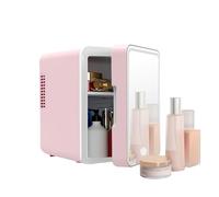Ccarzzi Mini Fridge for Bedrooms 4 L/6 Cans Portable Skincare Fridge with LED Light Mirror for Car, Office, Makeup, Drinks, Fruit, AC DC Power Warmer & Cooler (Pink)