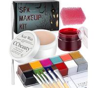 CCbeauty 12 Color Face Body Paint kit Oil, Fake Wound Scar Wax (1.6Oz), Fake Coagulated Blood Gel(0.63Oz), Spatula, 6 Wooden Brushes, Stipple Sponge, Halloween SFX Special Effects Stage Costume Makeup