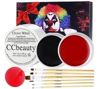 CCbeauty Clown Makeup Kit Professional White Black Face Paint Joker Dress Up with 6 Wooden Brushes, Foundation Cream for Vampire Halloween, Red Nose Day
